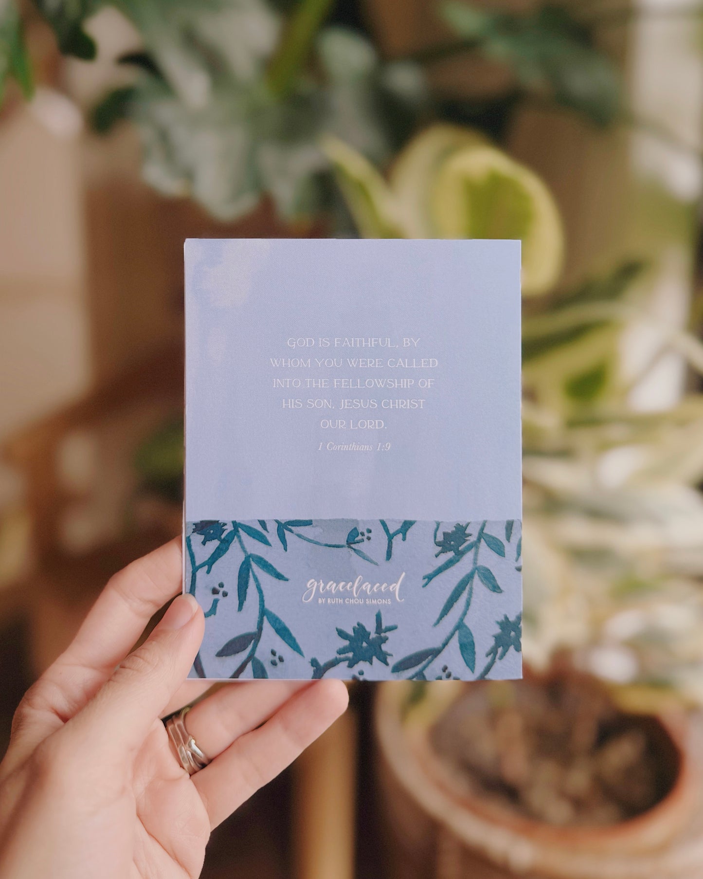1 corinthians 1:9, faithful everyday, notecards, beautiful, home, art, floral, coffee, blank notecard, blue