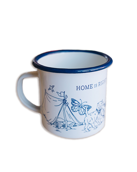 Home Is Right Where You Are, camp mug, enamel mug, Ruth Chou Simons, bandana, mushrooms, whimsical, dog, camping