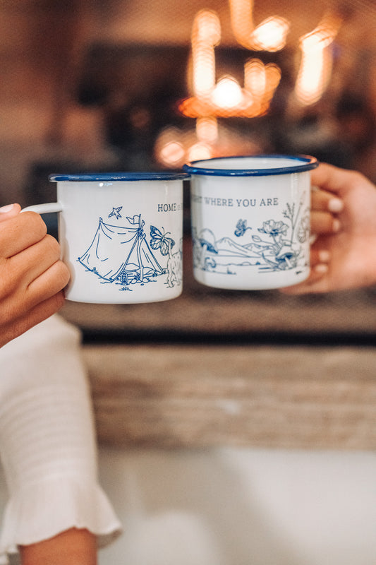 Home Is Right Where You Are, camp mug, enamel mug, Ruth Chou Simons, bandana, mushrooms, whimsical, dog, camping
