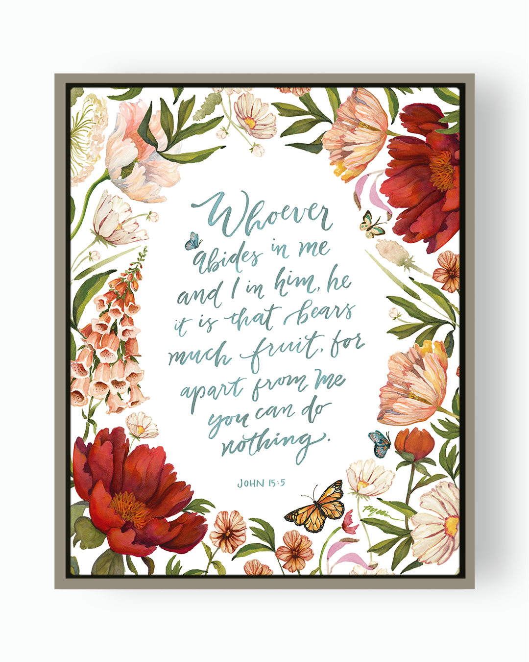 framed canvas bible verse quote, john 15, whoever abides, abide - Ruth Chou Simons Christian art