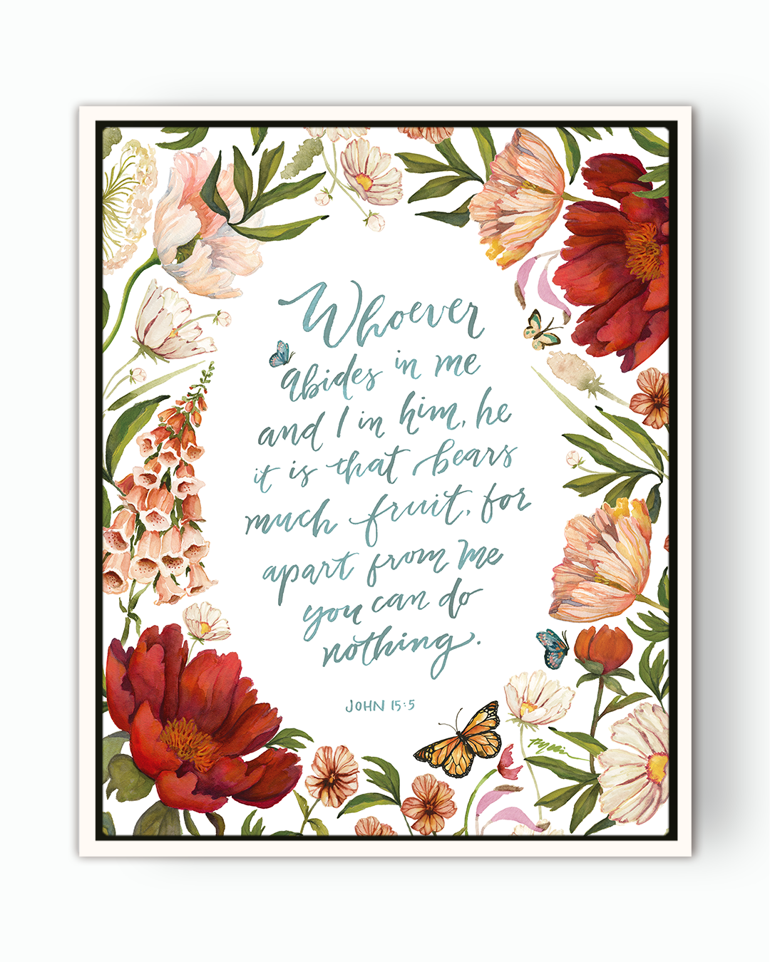 framed canvas bible verse quote, john 15, whoever abides, abide in Christ - Ruth Chou Simons Christian art