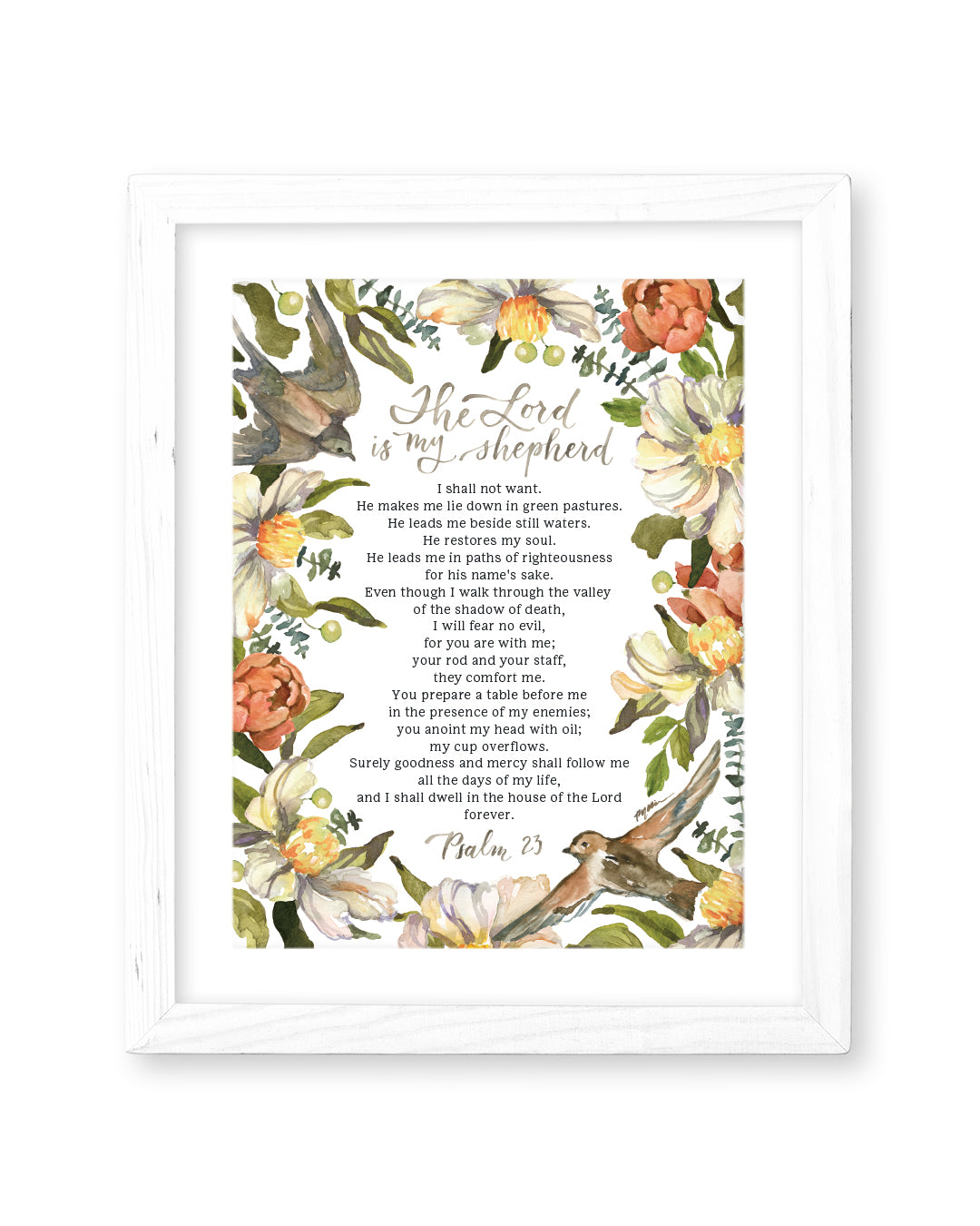 the Lord is my shepherd, psalm 23, Ruth Chou Simons, floral, birds, neutrals