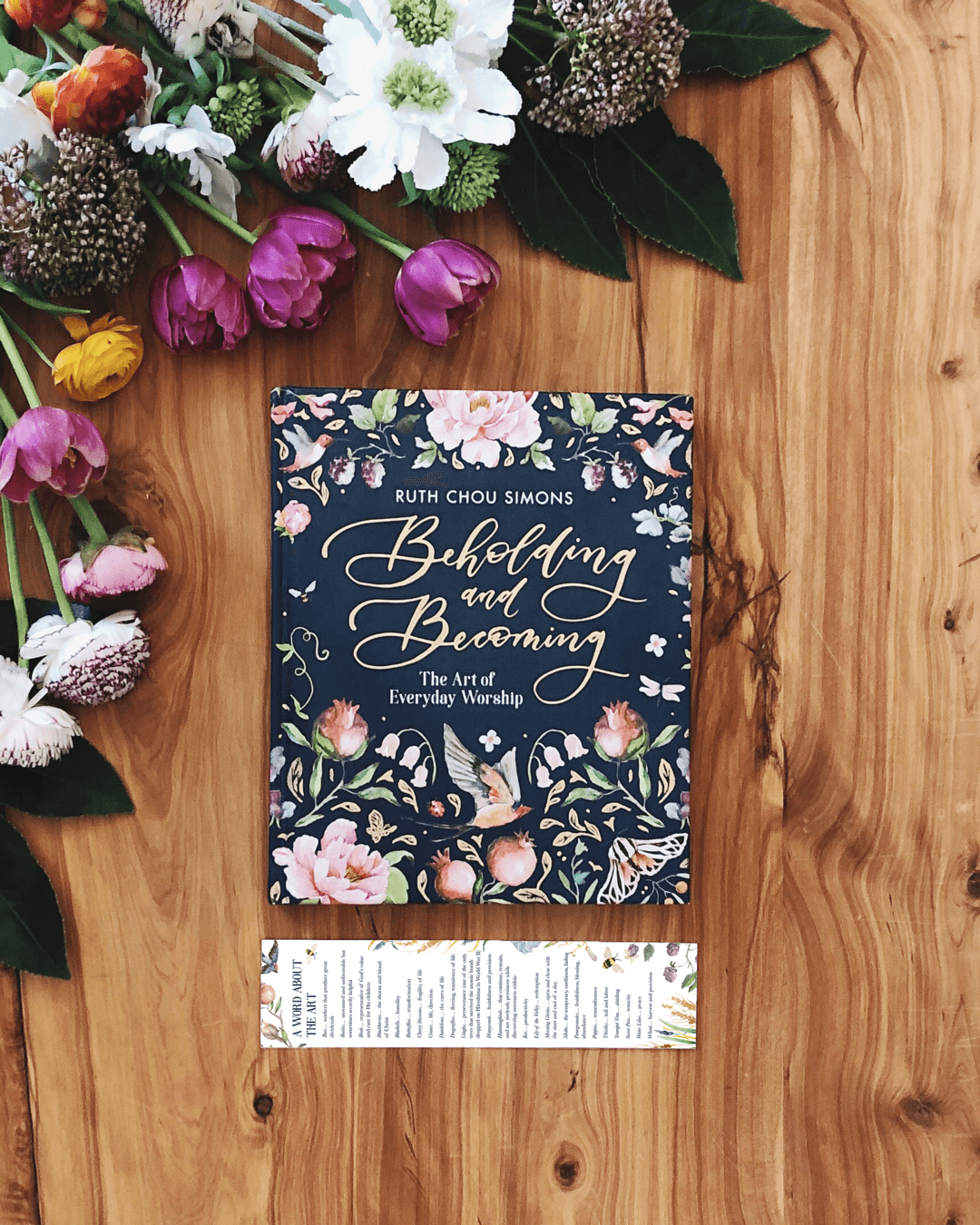 Christian devotional Beholding and Becoming Book, the Art of Worship by Ruth Chou Simons + bookmark