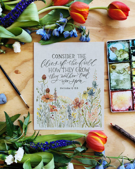 Matthew 6:28b | How They Grow (Linen) Print