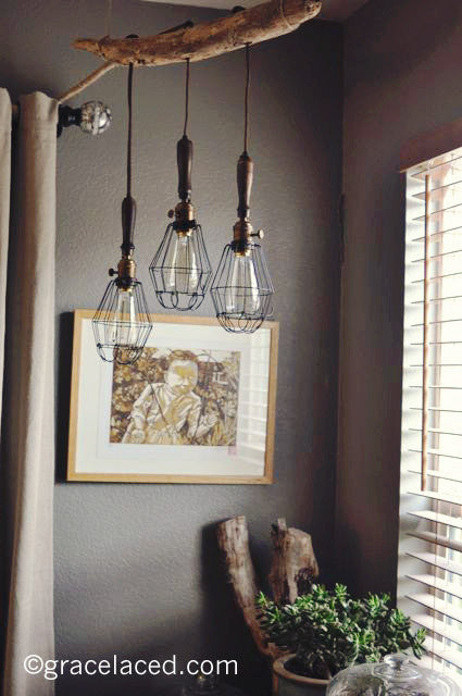 DIY Driftwood 3 Light Pendant with Anthropologie Caged Lights