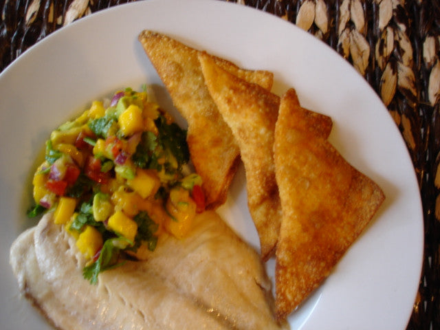 Baked Tilapia with Mango Salsa and Cream Cheese Wontons