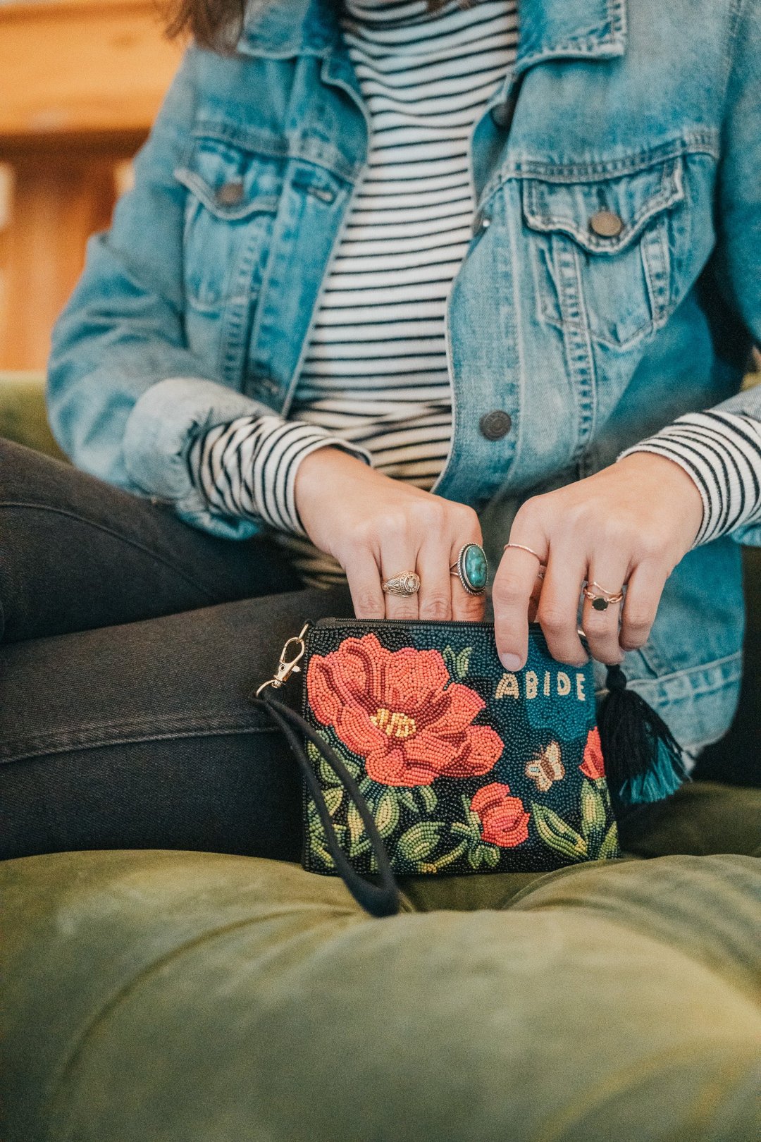 flower wristlet, pouch, peony, abide