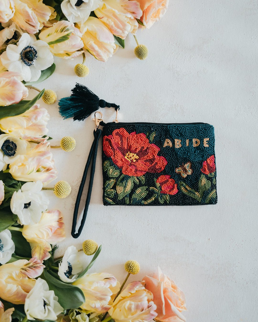 beaded bag, flower wristlet, pouch, peony, abide