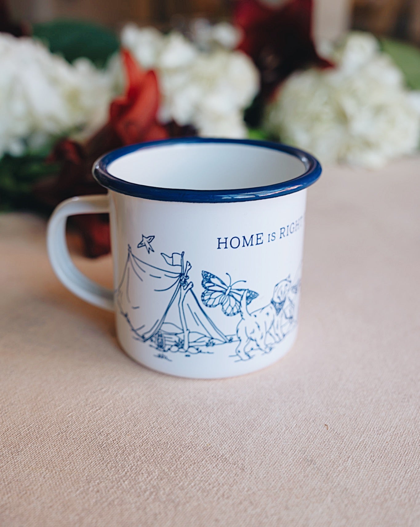 Home Is Right Where You Are, cute camp mug, enamel mug, Ruth Chou Simons, bandana, mushrooms, whimsical, dog, camping