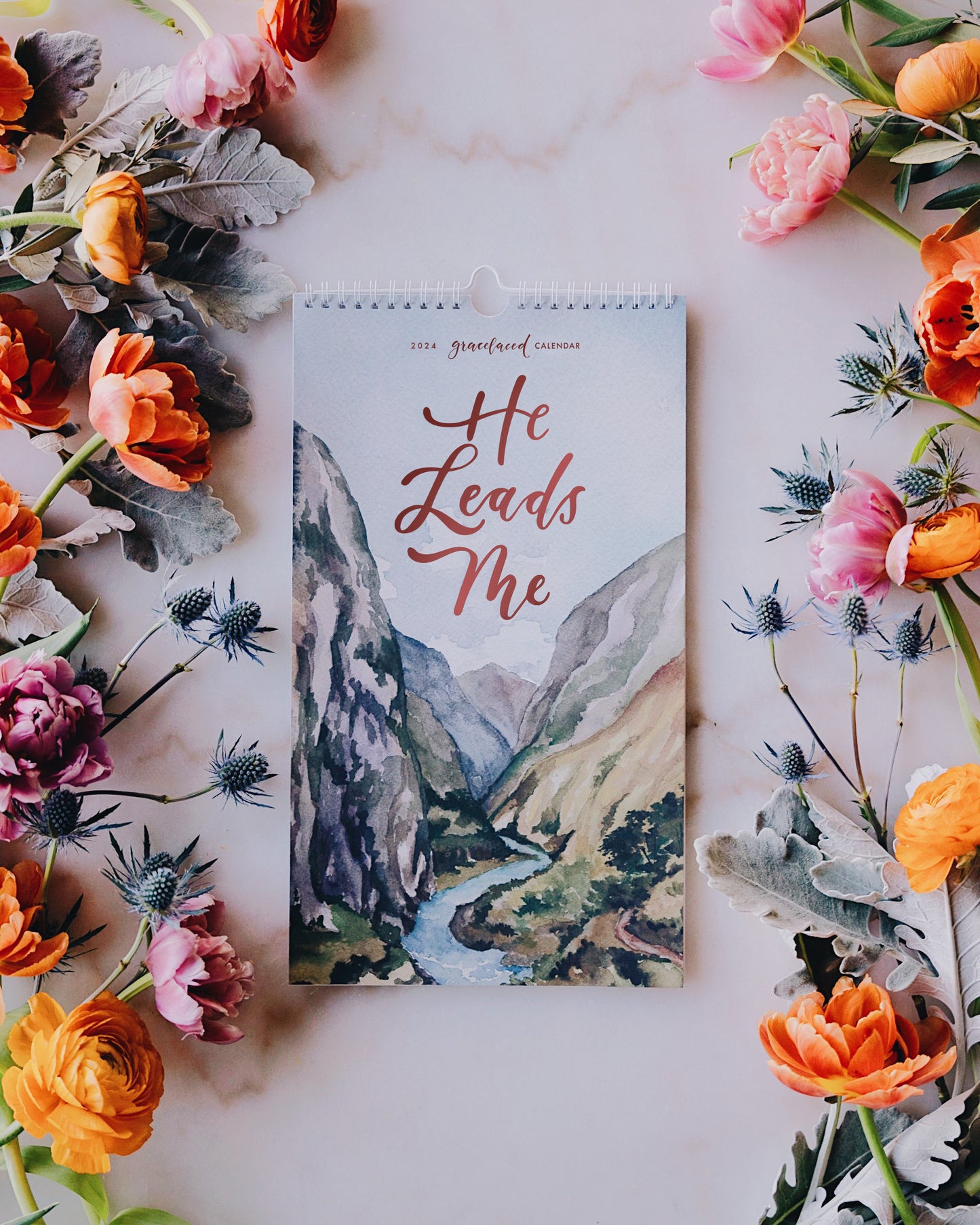 He Leads Me 2024 wall/memory scripture calendar with Ruth Chou Simons prints - Calendars and Planners