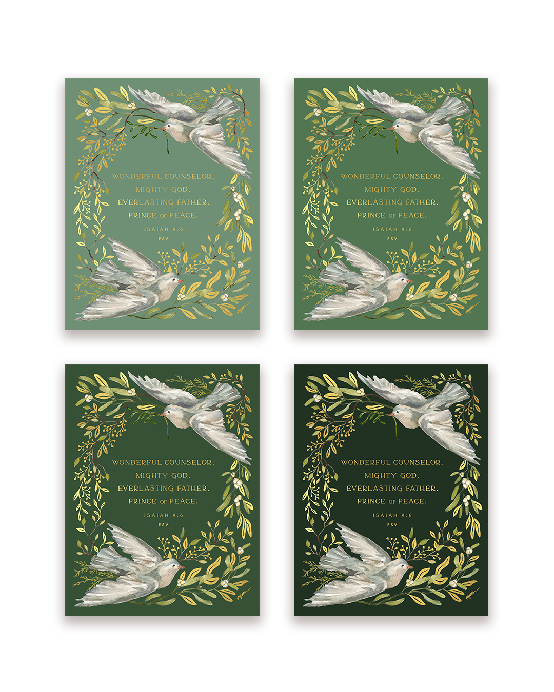 isaiah 6:9, christmas notecards, dove, green, gold foil, holiday cards, gracelaced