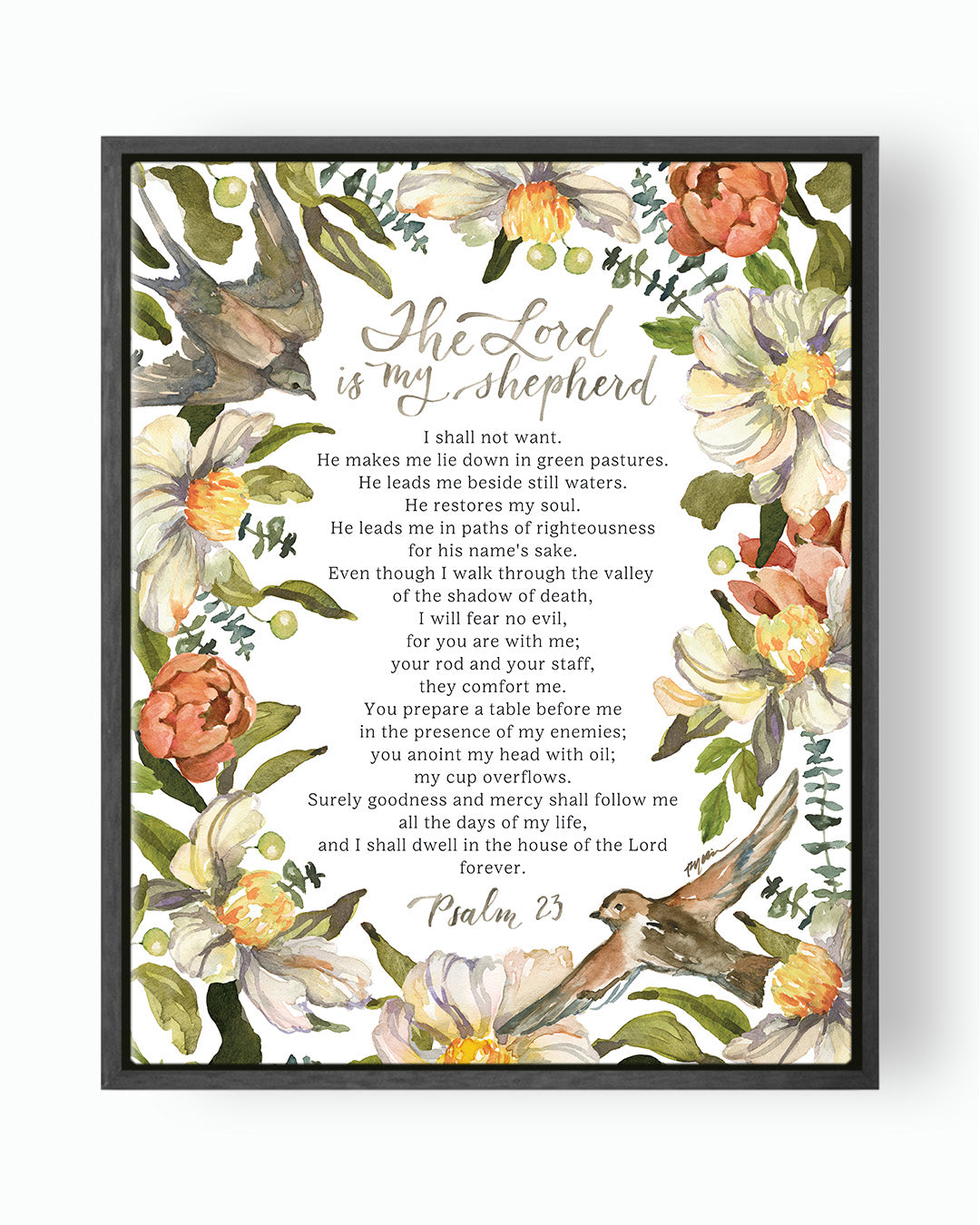 the Lord is my shepherd, psalm 23, Ruth Chou Simons, floral, birds, neutrals, framed canvas