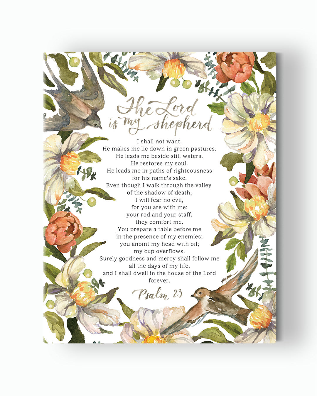 the Lord is my shepherd, psalm 23, Ruth Chou Simons, floral, birds, neutrals