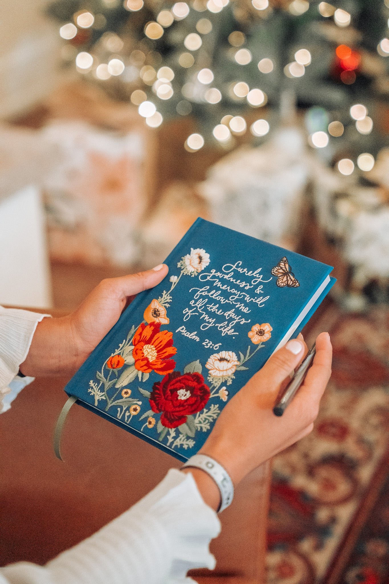 psalm 23, embroidered journal, red peony, beautiful, cute, floral