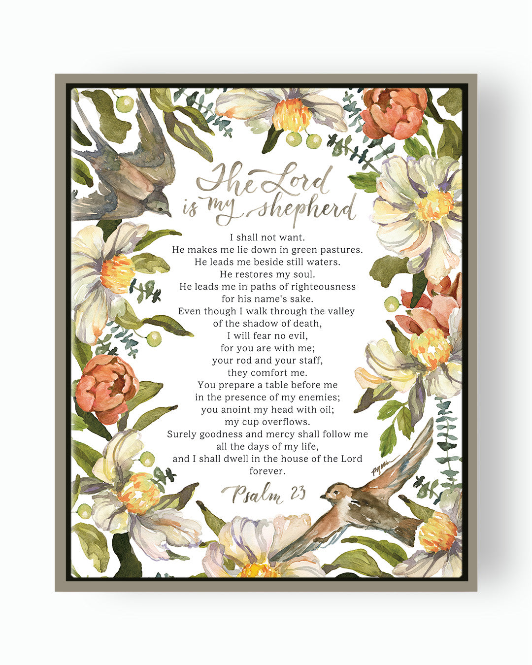 the Lord is my shepherd, psalm 23, Ruth Chou Simons, floral, birds, neutrals, wall art