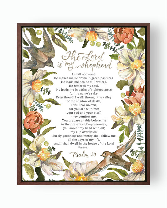 the Lord is my shepherd, psalm 23, Ruth Chou Simons, floral, birds, neutrals