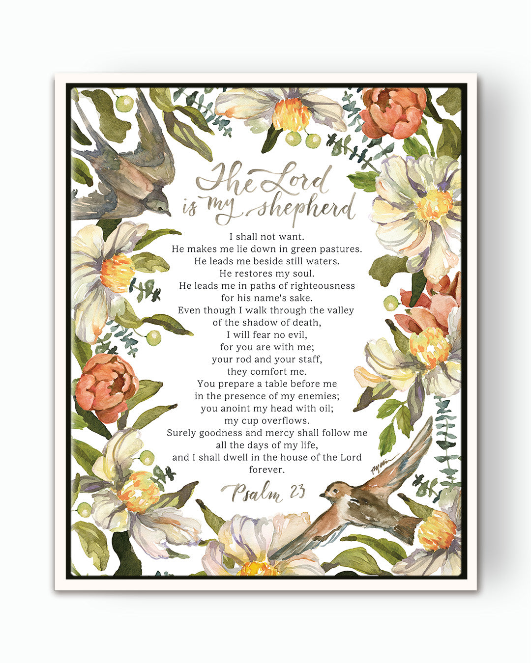 the Lord is my shepherd, psalm 23, Ruth Chou Simons, floral, birds, neutrals, beautiful canvas