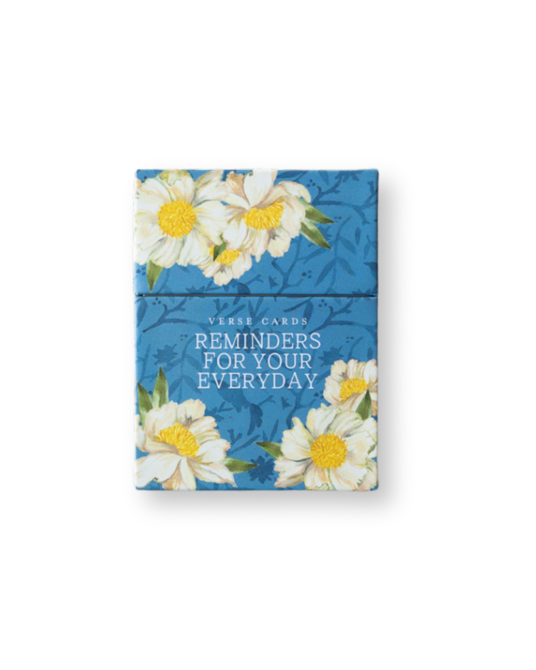 A boxed card deck with a blue floral design and the text 'VERSE CARDS REMINDERS FOR YOUR EVERYDAY' on the front, photographed on a clean white background.