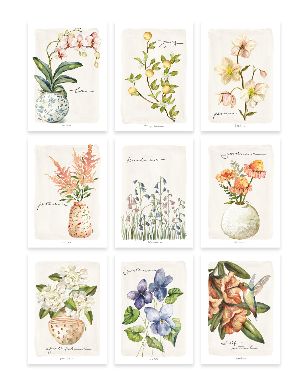 9-piece floral watercolor Fruit of the Spirit art print pictures by Ruth Chou Simons